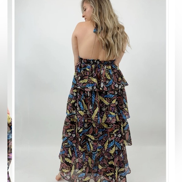 MEET ME IN SANTORINI FLORAL HALTER TIERED RUFFLE FOREST FAIRY MAXI DRESS SIZE XS - Picture 6 of 15